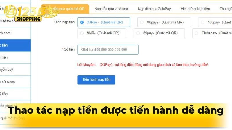 Thao tác nạp tiền 123b được tiến hành dễ dàng